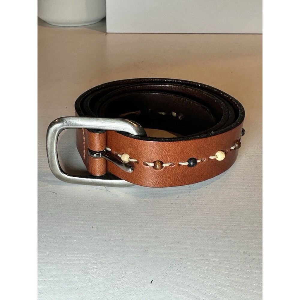 Nordstrom Handcrafted in Turkey Brown Leather Beaded Accent Boho Belt Size Small